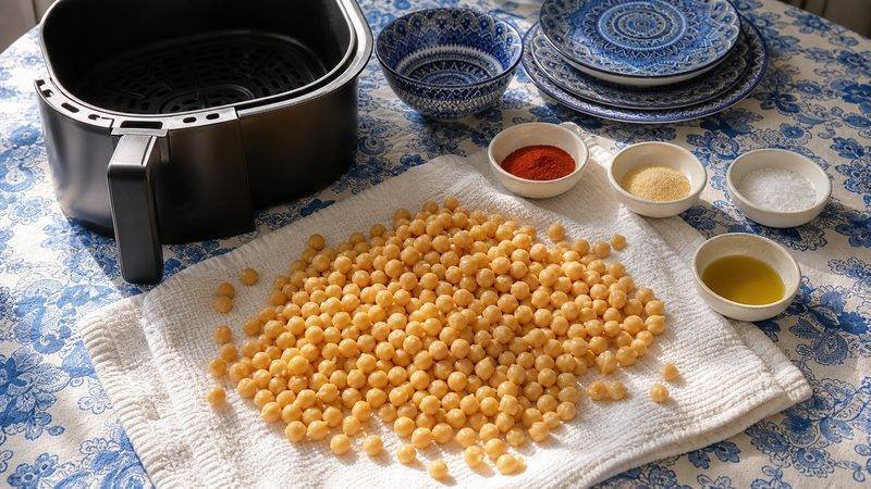 Cooked chickpeas spread on a towel to dry before air frying