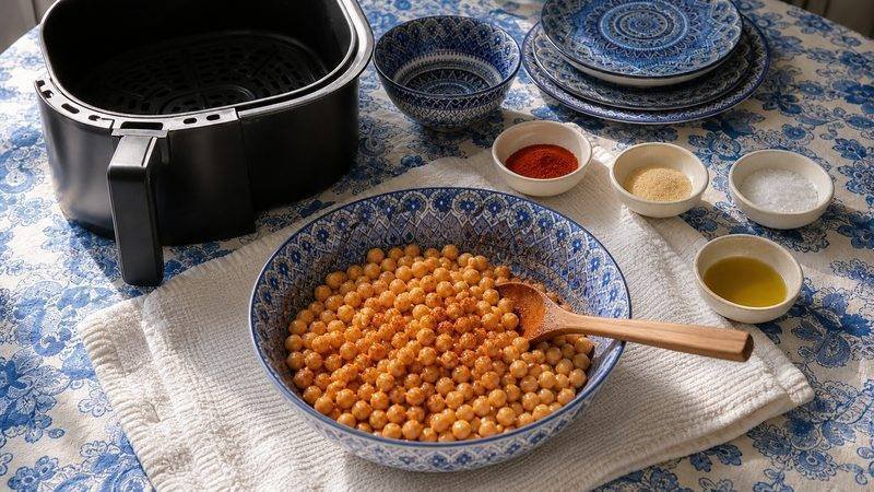Chickpeas tossed with oil and seasonings in a blue patterned bowl