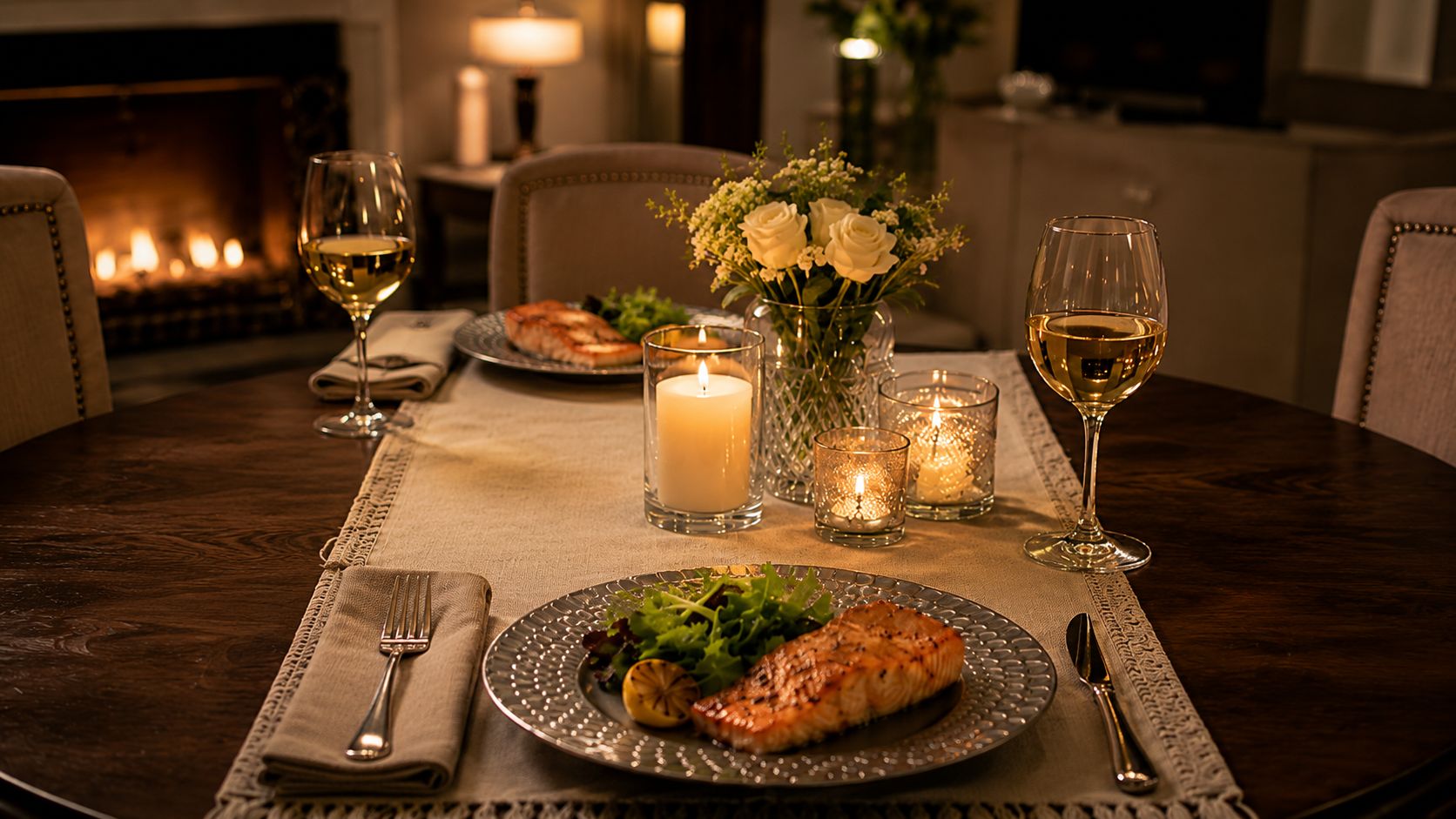Two golden-crusted air fryer salmon fillets on a white plate with lemon wedges and fresh herbs, skin crisped and flesh flaking at the edge