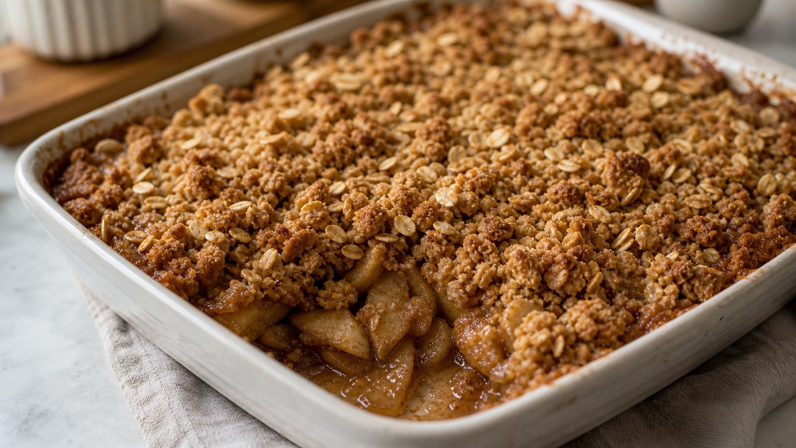 A golden-topped apple crisp in a white baking dish, with bubbling cinnamon apple filling visible around the edges and a scoop of vanilla ice cream melting on top