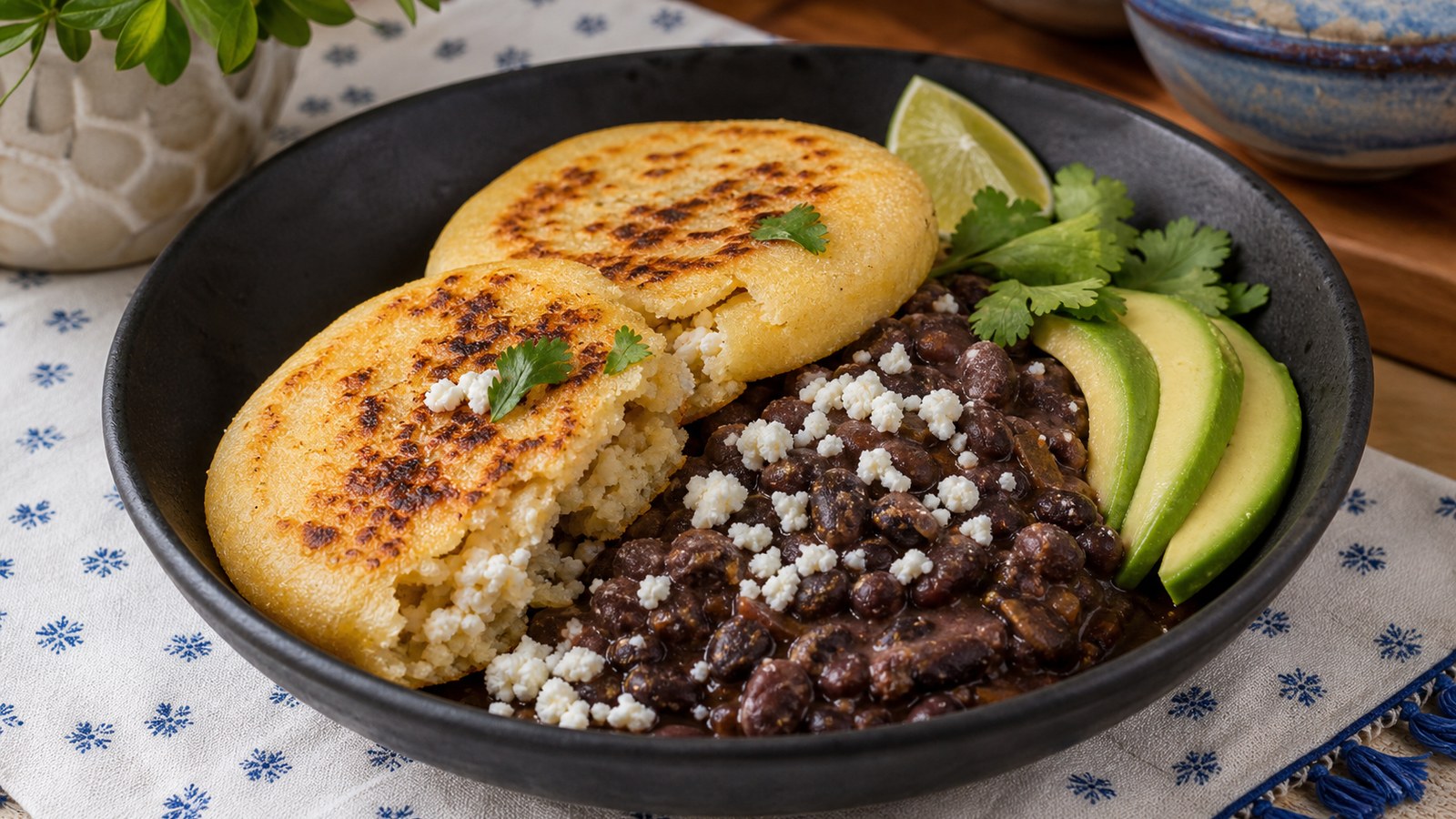 Arepas with Black Beans finished and ready to serve