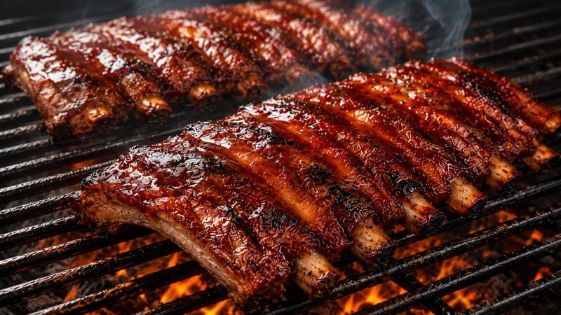 Glazed pork baby back rib racks caramelizing over a hot grill