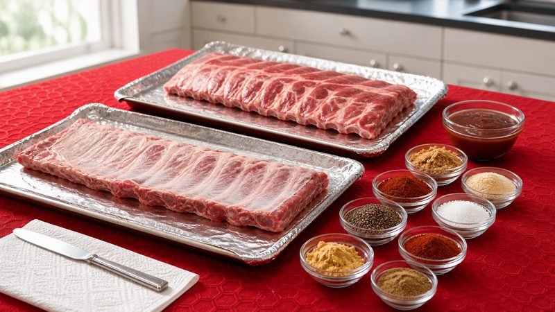 Raw baby back rib racks arranged with barbecue sauce and dry-rub seasonings before cooking