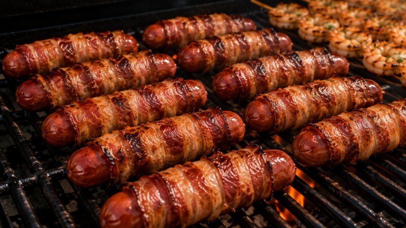 Bacon-Wrapped Hot Dogs grilling over open flame at a backyard cookout