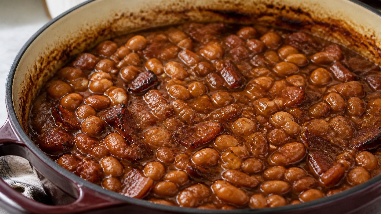 A rustic Dutch oven filled with thick, caramelized homemade baked beans studded with bacon and served with a wooden spoon resting on the side