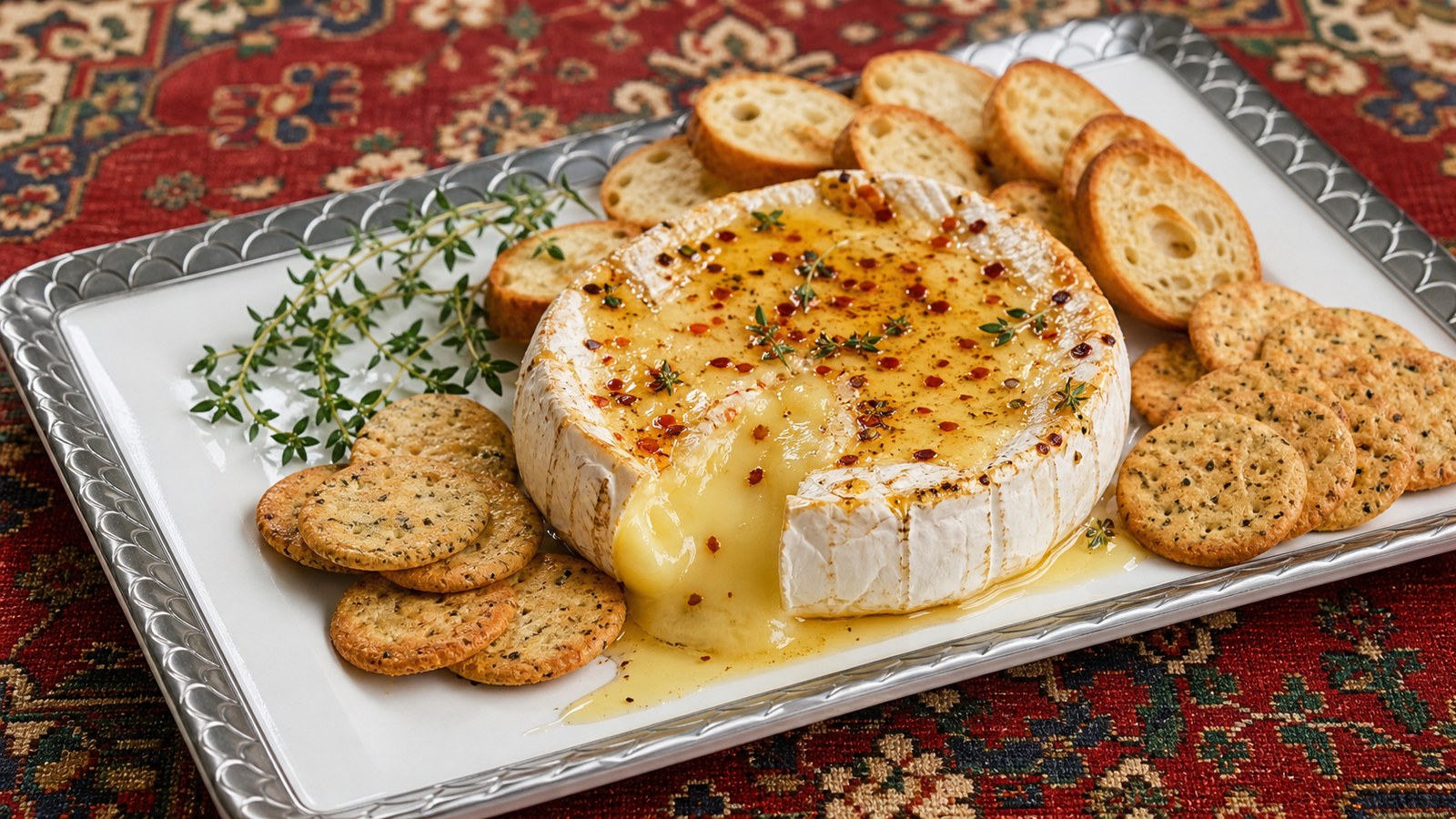 Baked Brie with Hot Honey finished and ready to serve