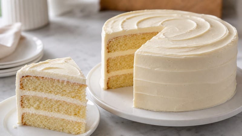 A two-layer classic vanilla layer cake with smooth white vanilla buttercream frosting on a white ceramic cake stand, with a slice removed to show the tender golden crumb inside