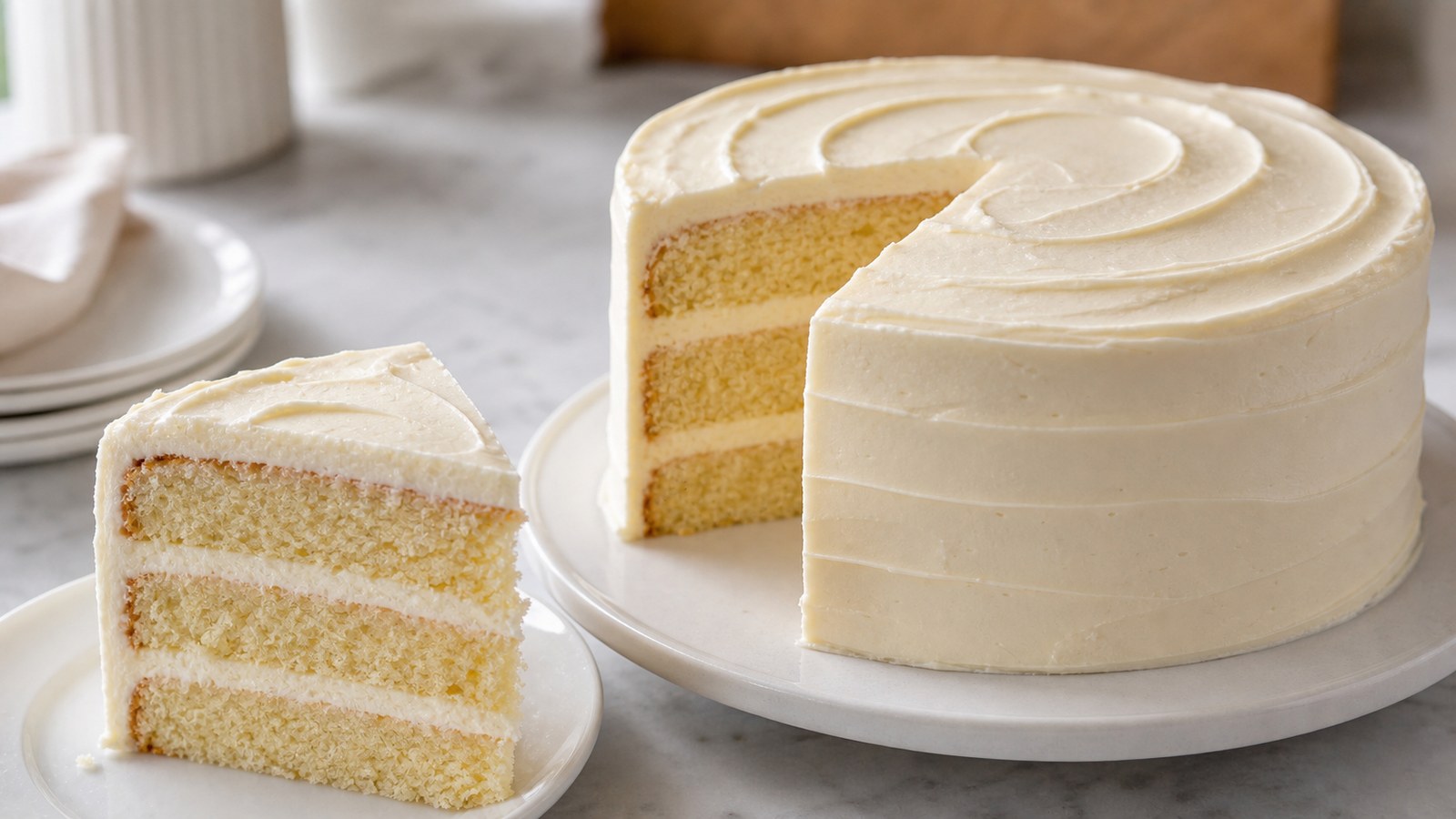 A two-layer classic vanilla layer cake with smooth white vanilla buttercream frosting on a white ceramic cake stand, with a slice removed to show the tender golden crumb inside