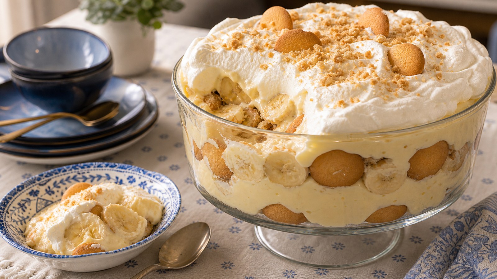 A deep dish of homemade Southern banana pudding with layers of vanilla custard, sliced bananas, and vanilla wafers, topped with swirls of fresh whipped cream and crushed cookie crumbs