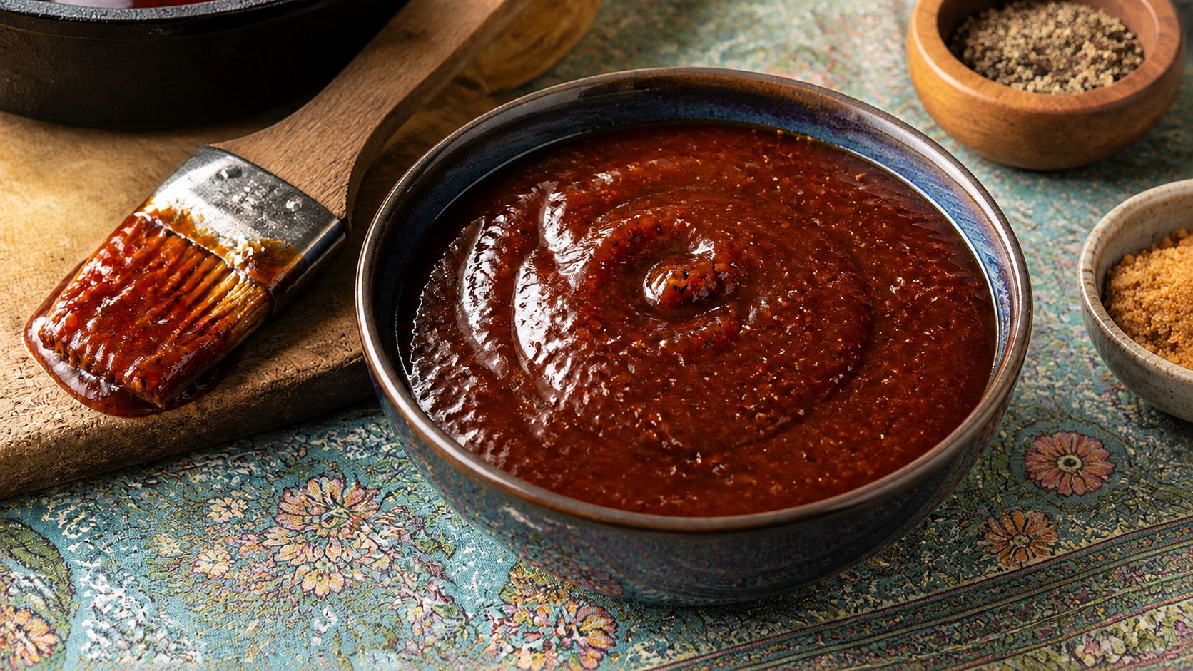 A jar of thick homemade BBQ sauce with a deep red-brown color, a brush resting across the top, with grilled chicken visible in the background on a wooden cutting board