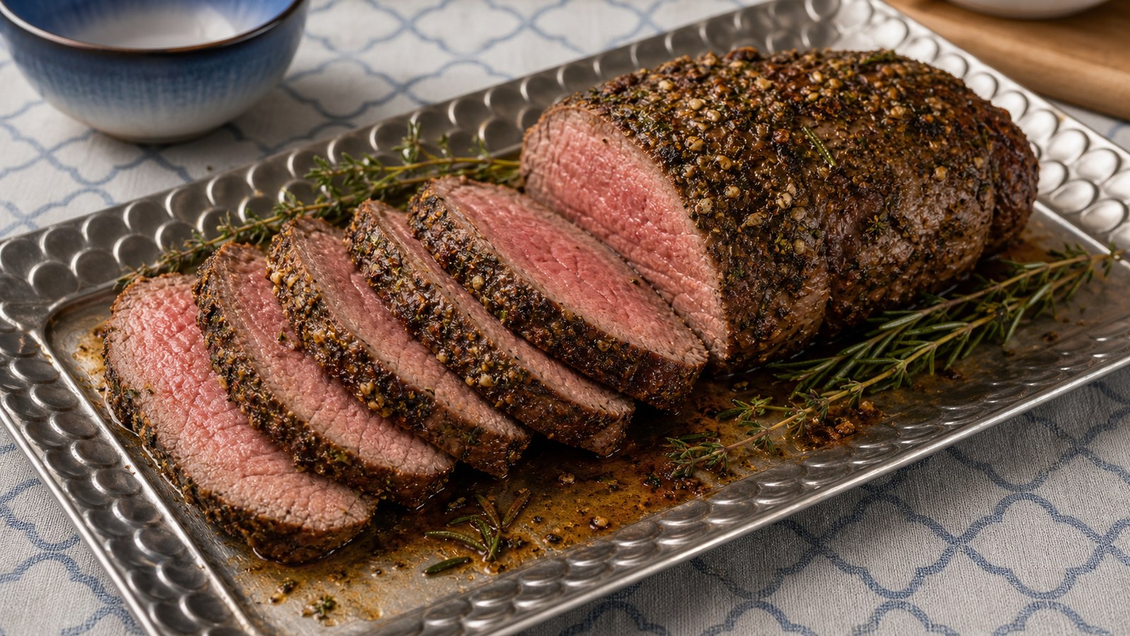 Sliced herb-crusted roasted beef tenderloin on a wooden cutting board, showing a pink medium-rare center and golden-brown herb crust, garnished with fresh rosemary
