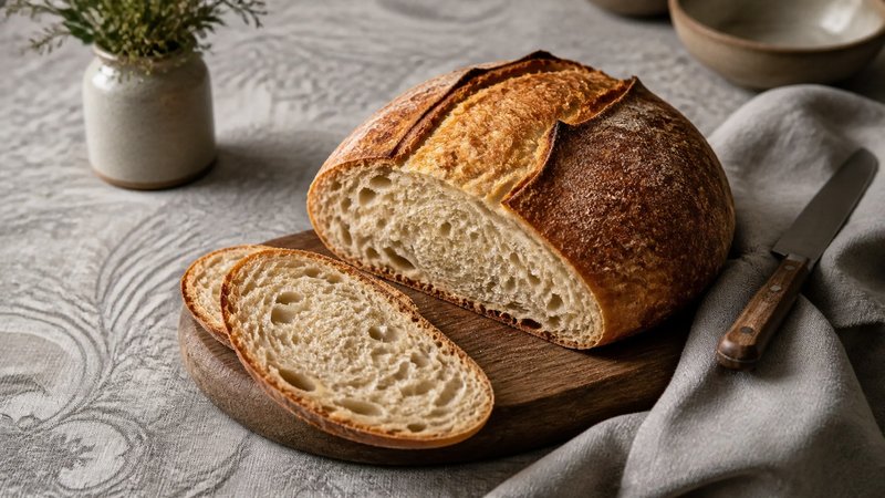 A crusty sourdough loaf with a deep golden-brown exterior and an open, airy crumb structure inside