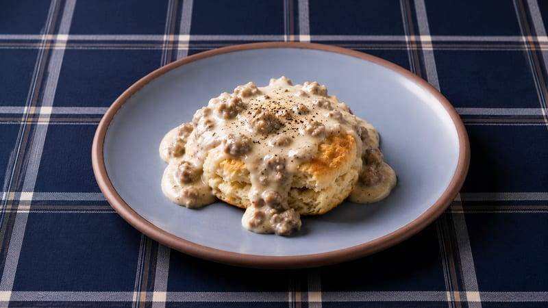 A plate of homemade biscuits and gravy, split golden buttermilk biscuits covered in thick, peppery sausage gravy, served on a white ceramic plate with a cast iron skillet in the background