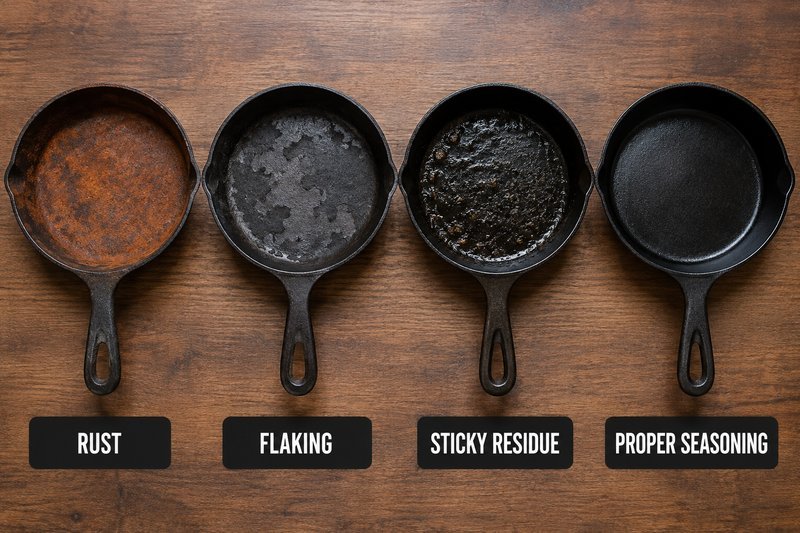 Four cast iron pans compared: rusted, flaking, sticky, and properly seasoned