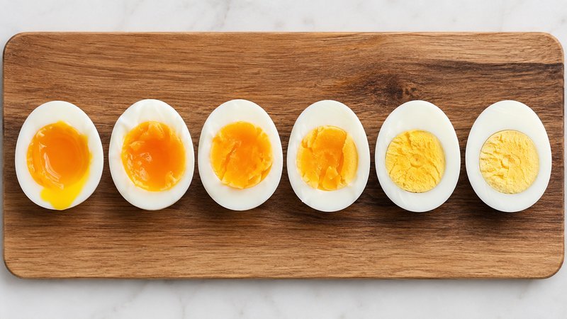 Six halved boiled eggs in a row showing yolk stages from runny to fully set