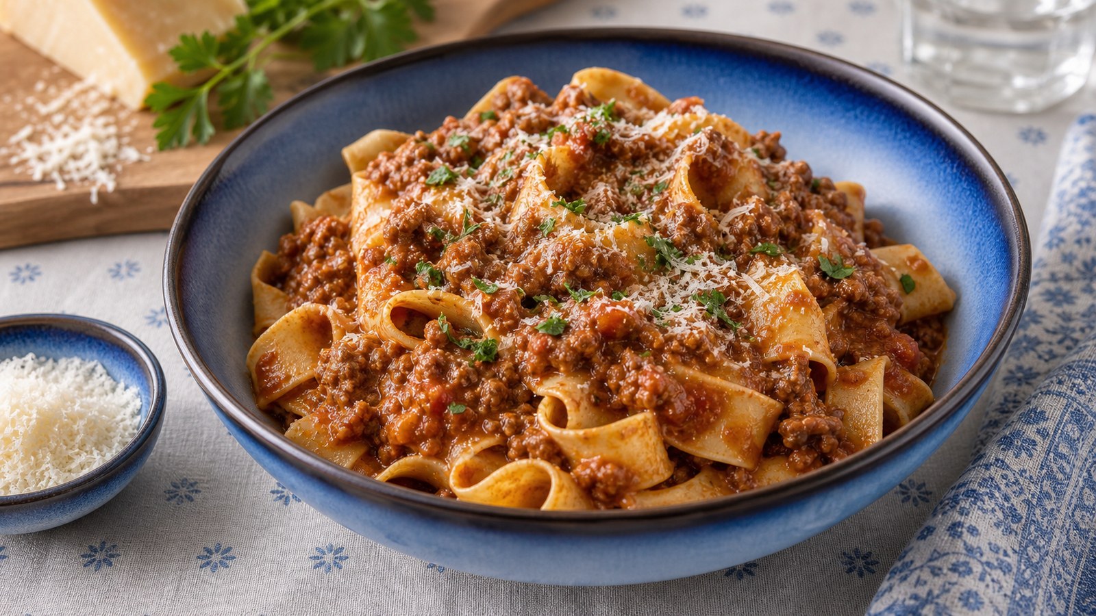 A wide bowl of tagliatelle topped with thick, glossy classic bolognese sauce, finished with freshly grated Parmesan and a crack of black pepper on a wooden table
