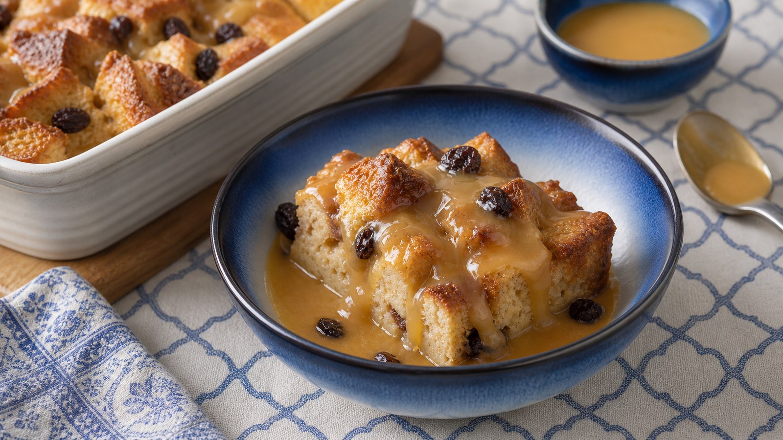 A golden-brown Southern bread pudding in a white ceramic baking dish, with whiskey sauce being poured over the top from a small pitcher, steam rising from the warm dessert