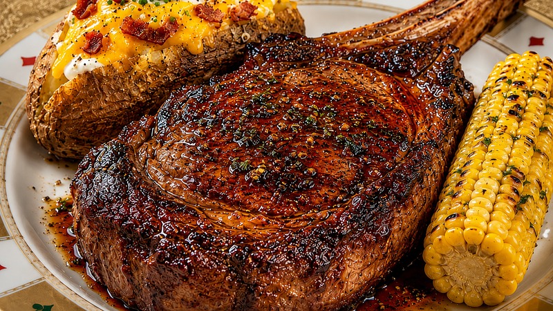 Brown Sugar Bourbon Cowboy Ribeye finished and ready to serve