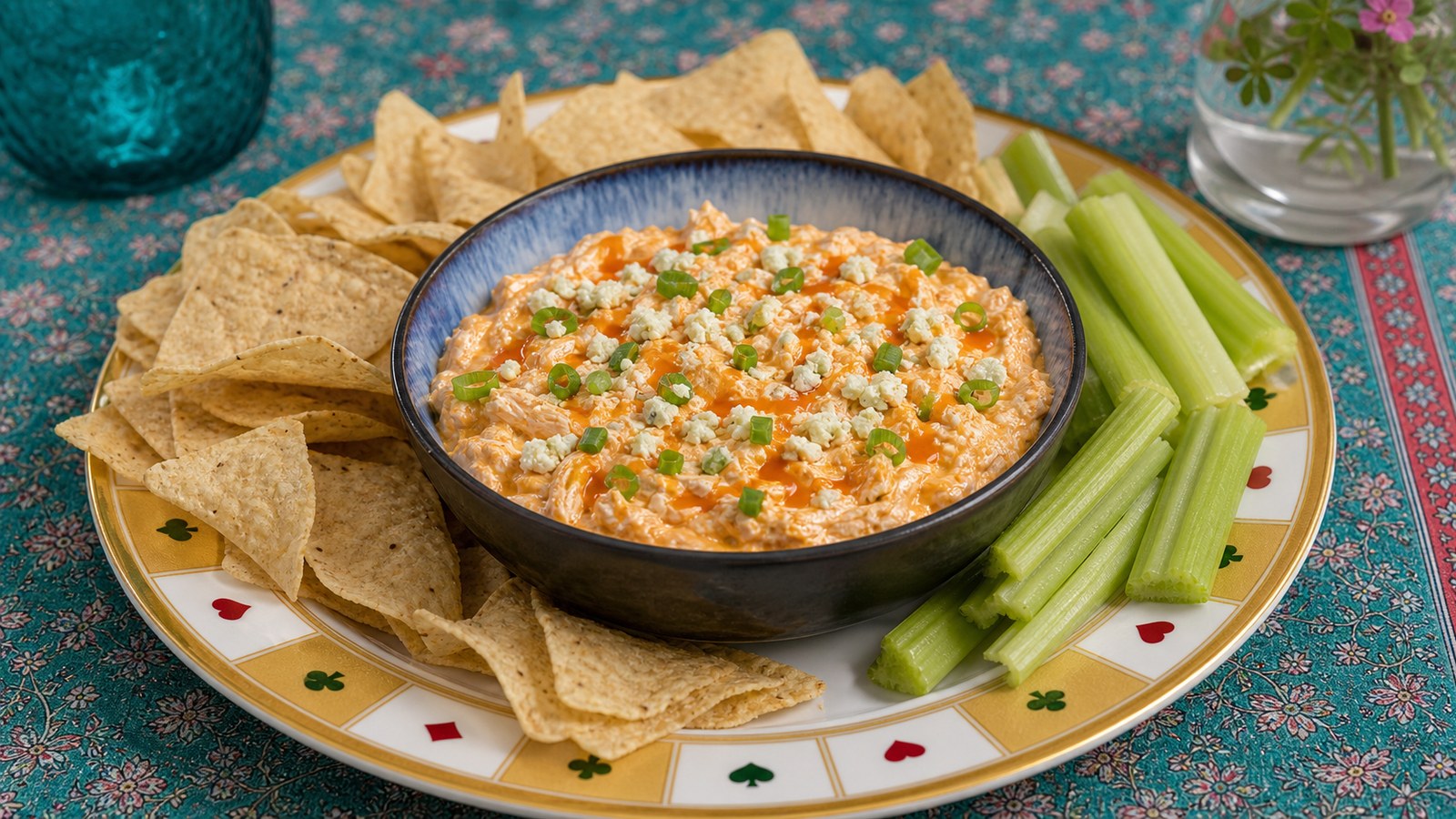 Buffalo Chicken Cottage Cheese Dip finished and ready to serve