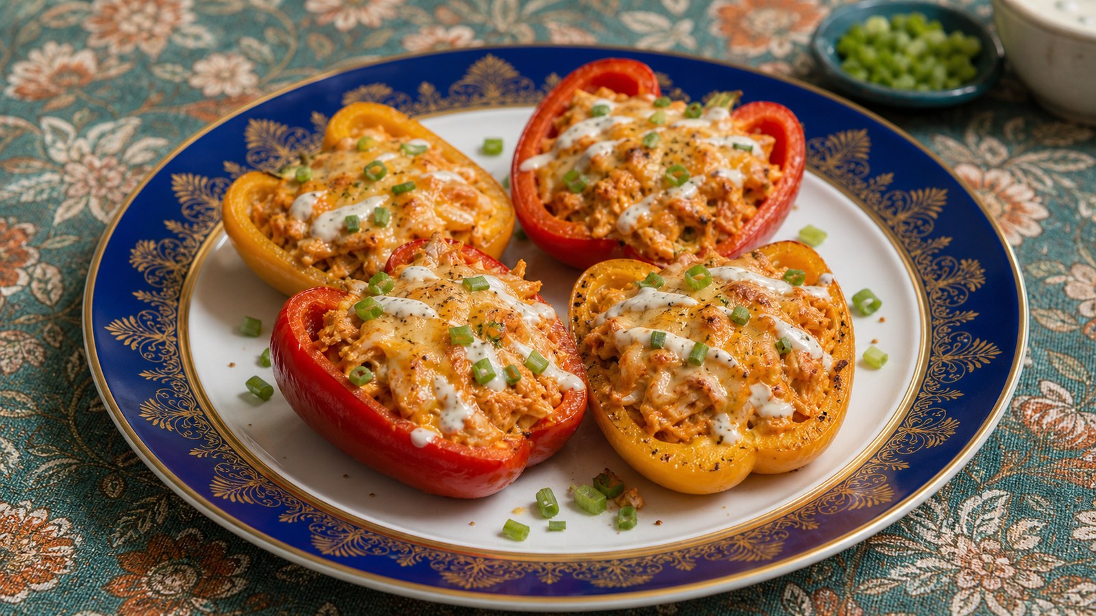 Buffalo Chicken Stuffed Peppers finished and ready to serve