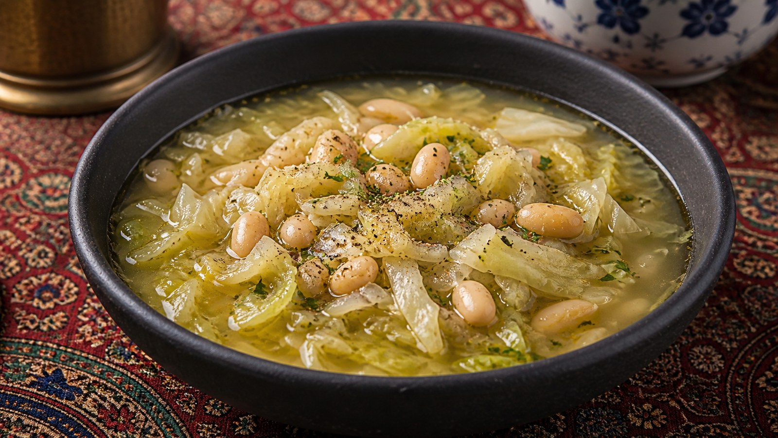 Cabbage and White Bean Soup finished and ready to serve