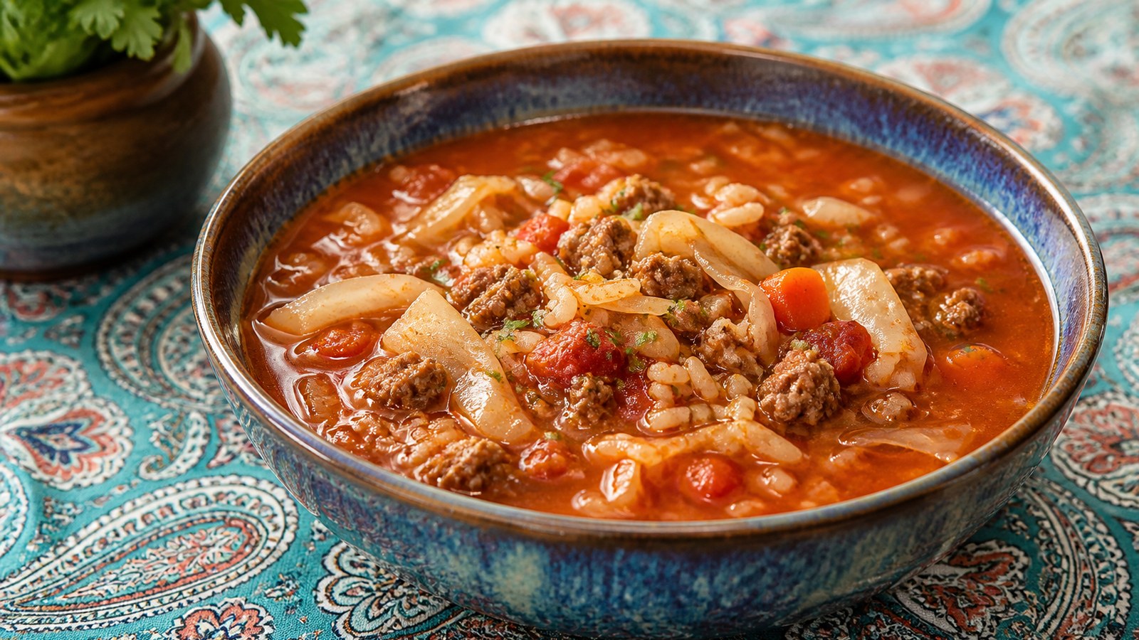 Cabbage Roll Soup with Beef and Rice finished and ready to serve