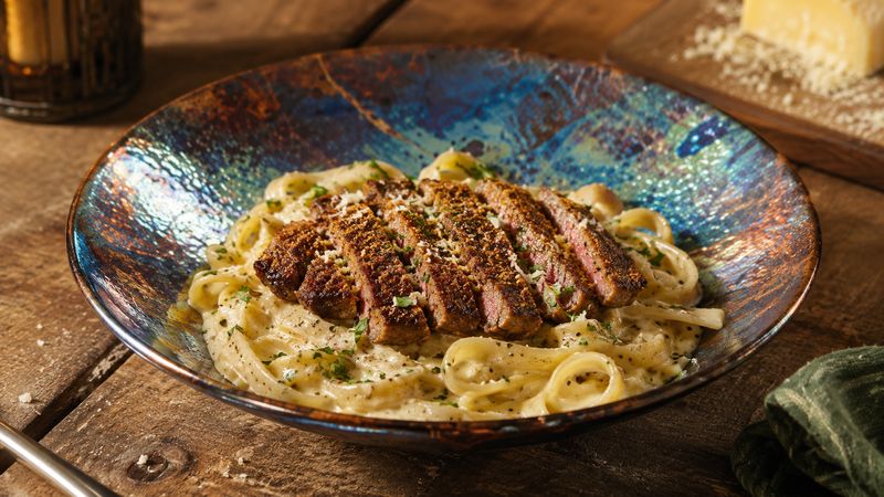 Cajun Steak Alfredo with Homemade Parmesan Sauce finished and ready to serve