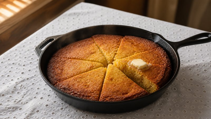 A golden-brown cast-iron skillet of cornbread with a crispy, caramelized edge, cut into wedges