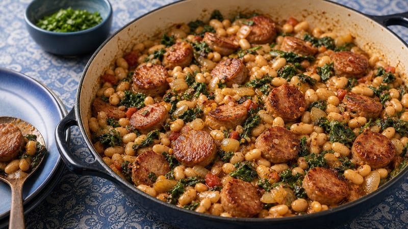 Rustic cast iron skillet filled with smoky sausage and white bean skillet, topped with wilted spinach in a rich tomato broth, photographed from above on a weathered wood surface