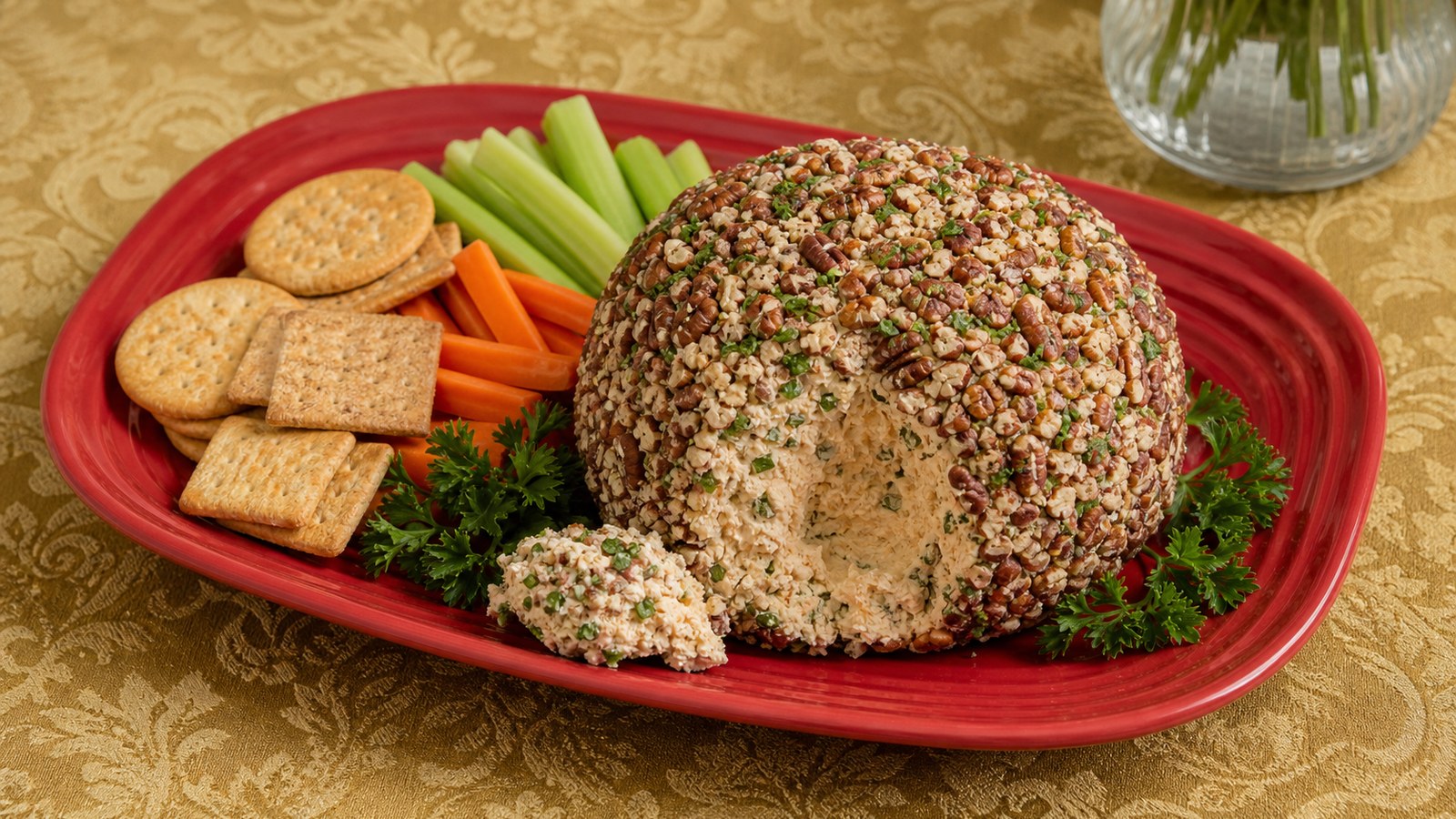Cheese Ball with Pecans finished and ready to serve