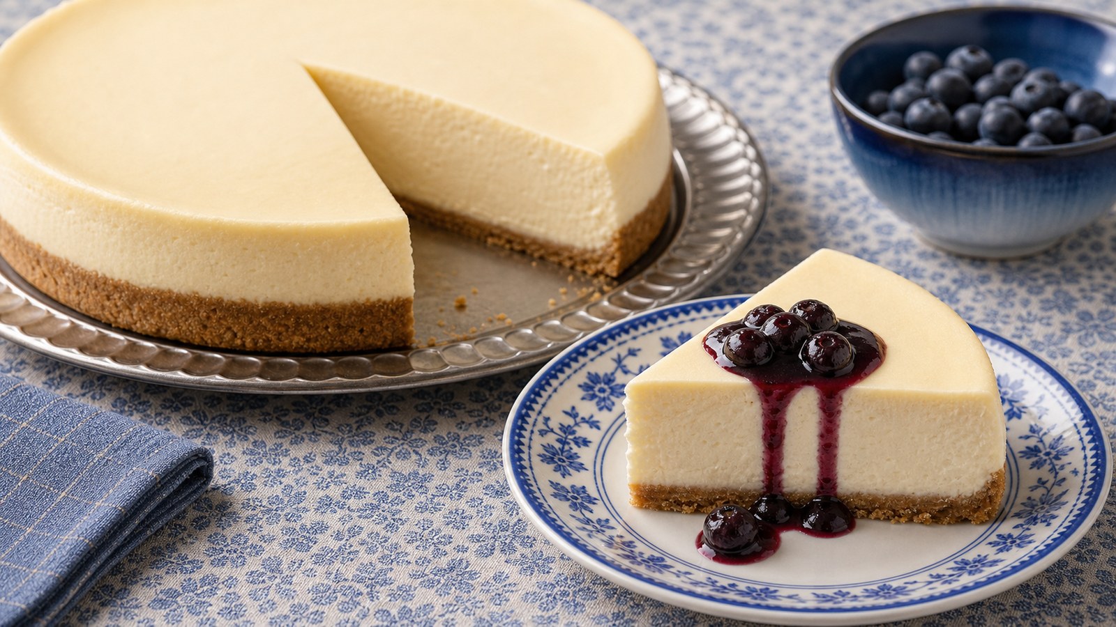 Whole classic New York-style baked cheesecake on a white cake stand with a golden graham cracker crust and smooth cream top, one slice removed to show dense creamy interior