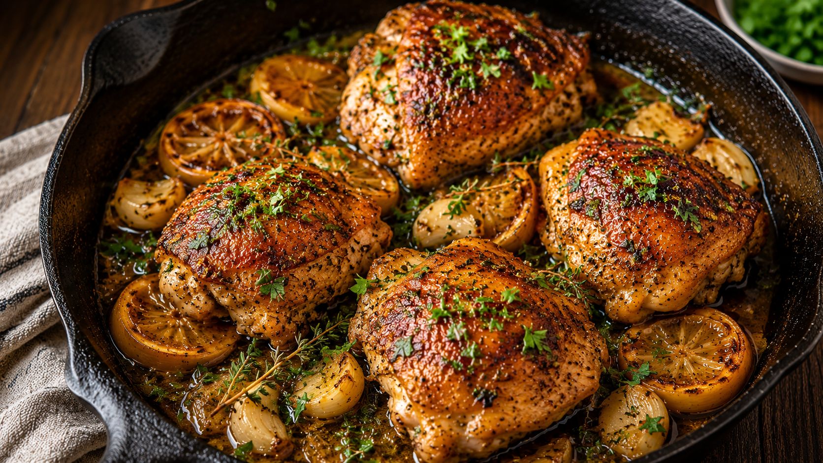 Golden-brown one-pan lemon herb chicken thighs in a cast iron skillet with smashed garlic, thyme sprigs, and lemon halves