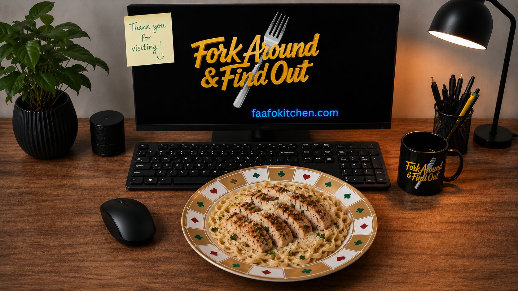 A white pasta bowl filled with garlic butter chicken pasta —? glossy cream sauce coating fettuccine, sliced golden-seared chicken on top, scattered with Parmesan and fresh parsley