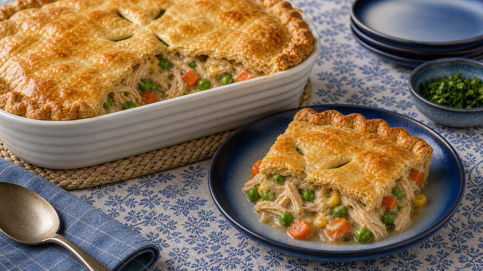 A golden-brown chicken pot pie in a ceramic pie dish with steam vents cut into the top crust and one slice removed to reveal the thick, creamy chicken and vegetable filling inside