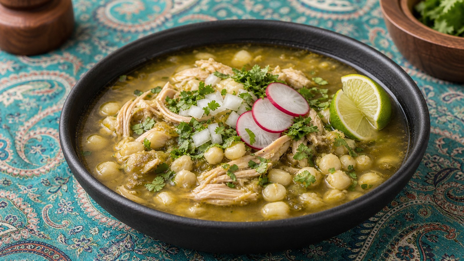 Chicken Pozole Verde finished and ready to serve