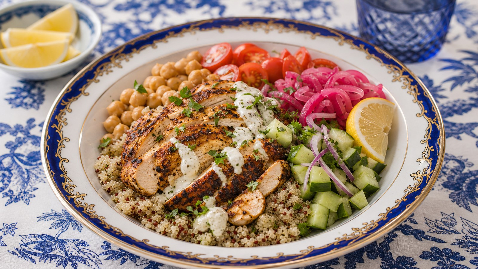 Chicken Shawarma Quinoa Bowls finished and ready to serve