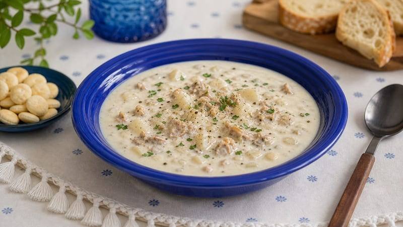 Clam Chowder finished and ready to serve