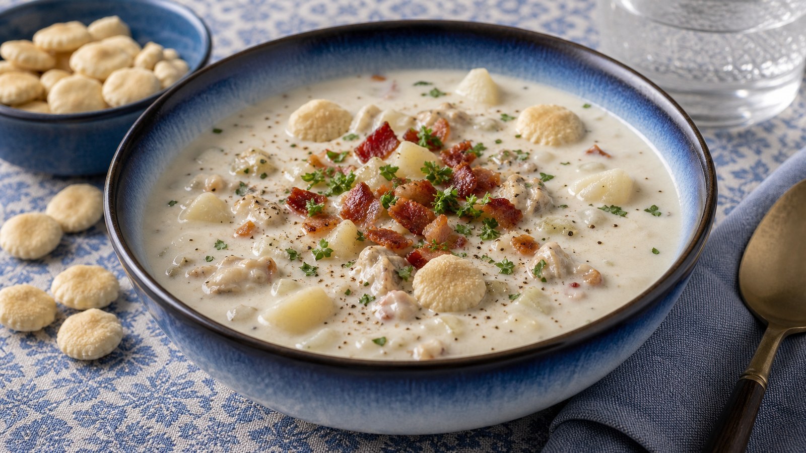 A bowl of thick, creamy New England clam chowder topped with crispy bacon crumbles, fresh parsley, and oyster crackers, served in a white ceramic bowl on a wooden table