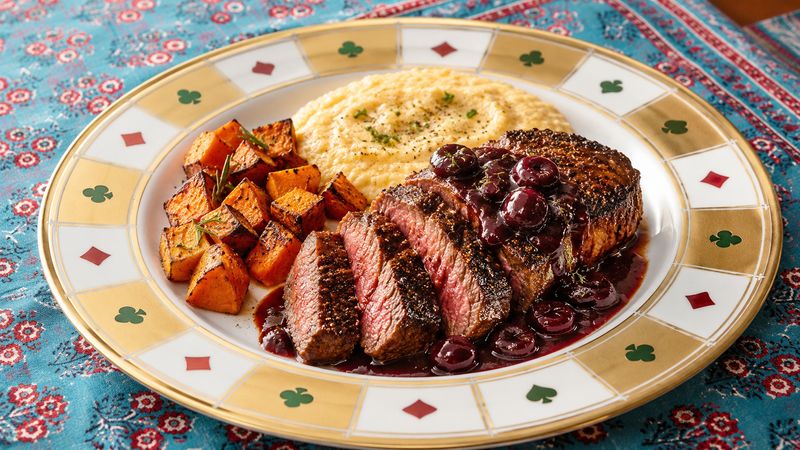 Coffee Ancho Sirloin with Cherry Pan Sauce