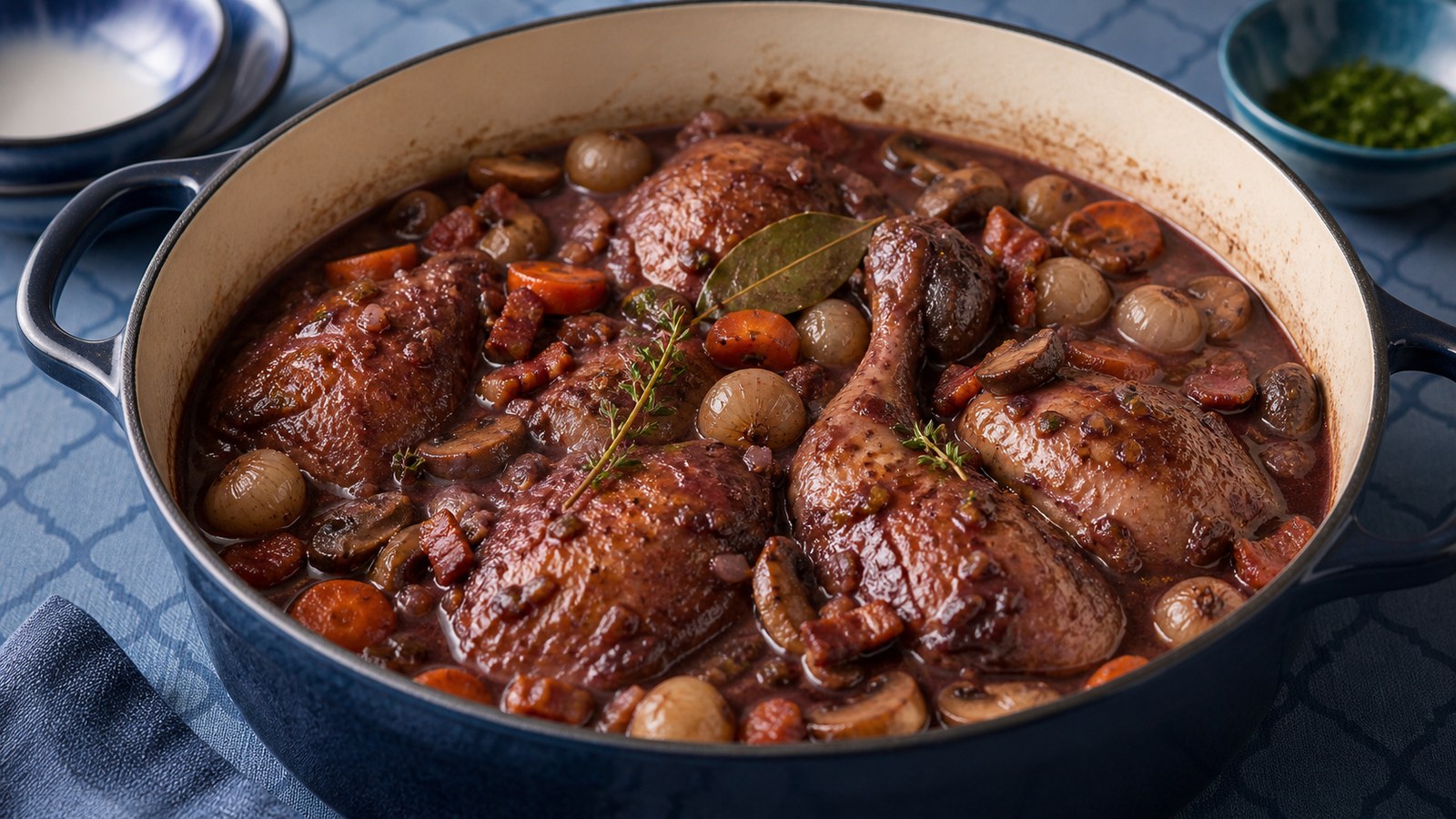 A Dutch oven filled with classic coq au vin —? golden chicken thighs and drumsticks nestled in a deep red wine sauce with mushrooms, pearl onions, and bacon, garnished with fresh parsley