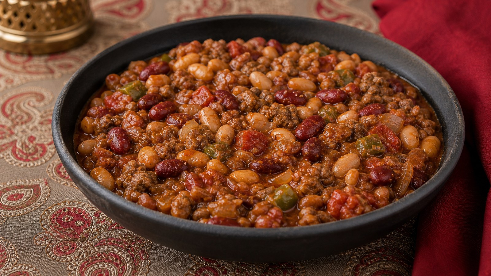 Cowboy Beans with Ground Beef finished and ready to serve