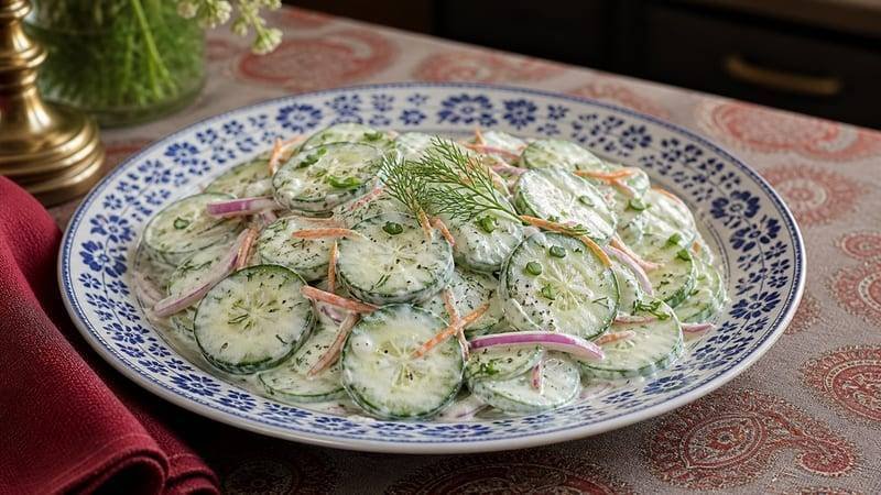Creamy Cucumber Salad finished and ready to serve