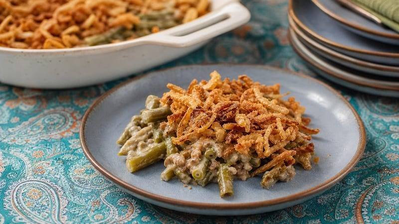 Crispy Onion Green Bean Bake