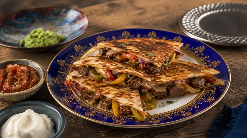 Crispy Steak Quesadillas with Peppers and Onions finished and ready to serve