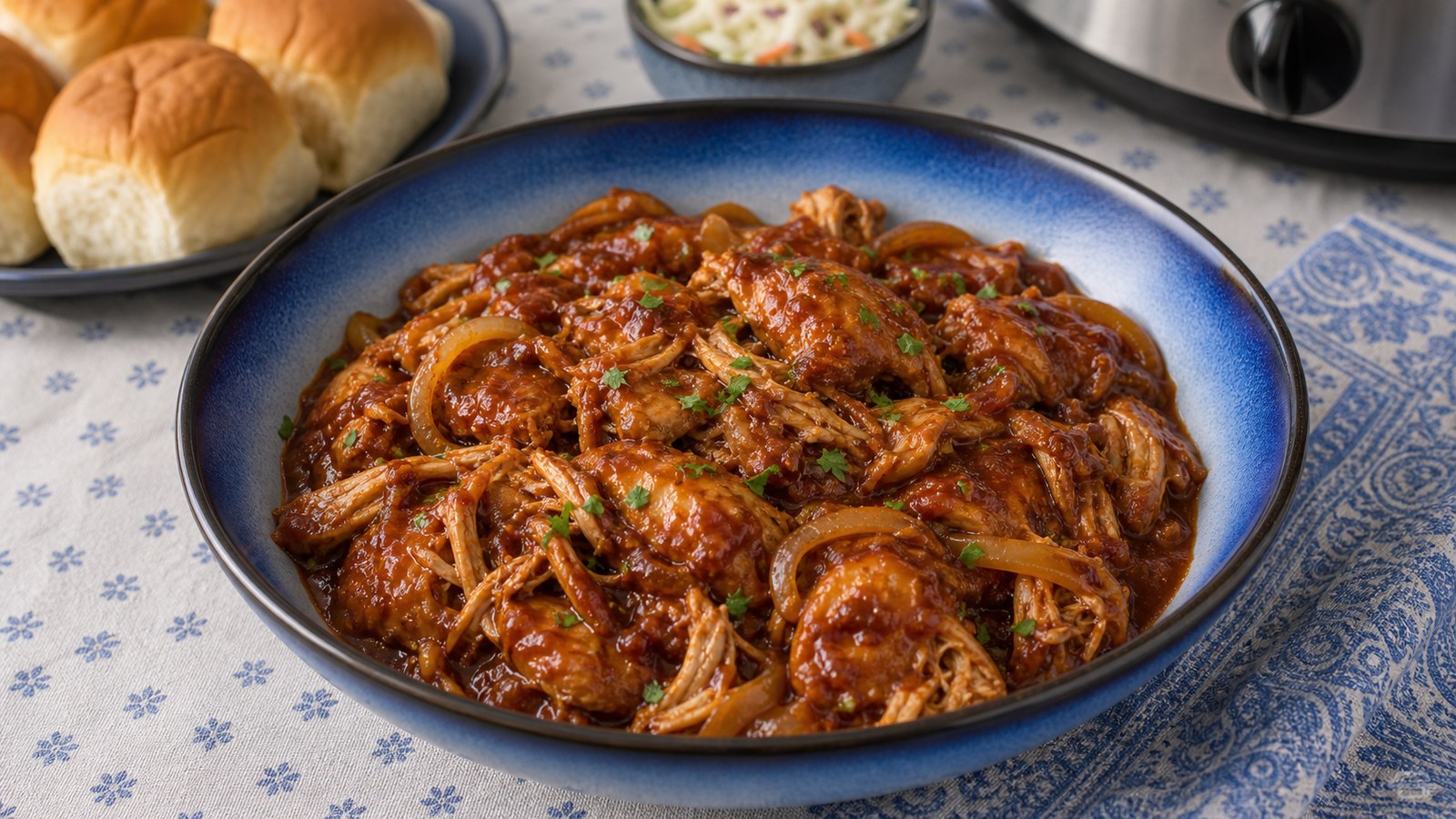 A white ceramic bowl filled with saucy crockpot pulled chicken over fluffy white rice, garnished with sliced green onions, with a slow cooker visible in the soft-focus background