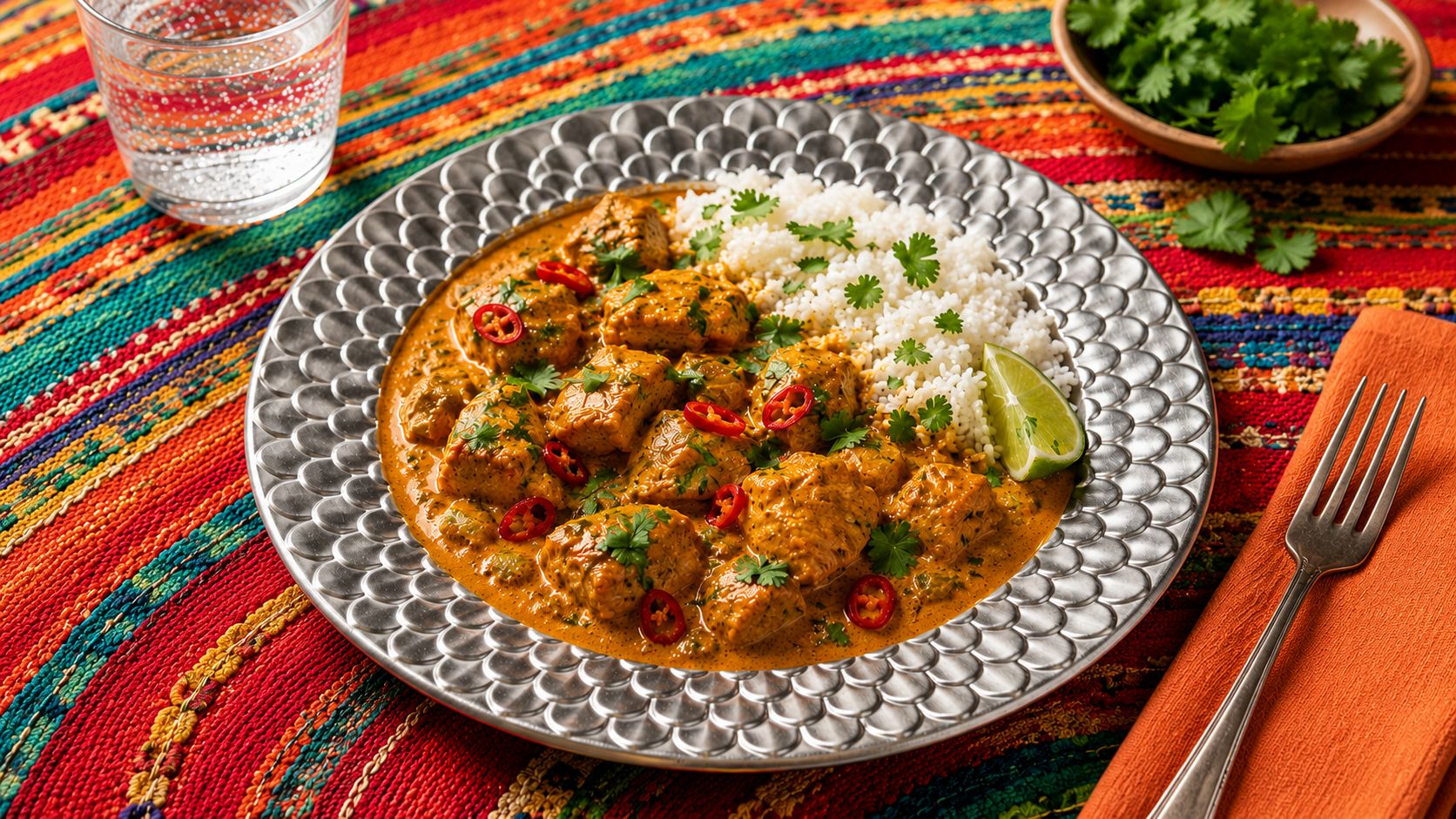 One-pan dairy free coconut curry chicken garnished with fresh cilantro and lime wedges, served over jasmine rice in a white bowl
