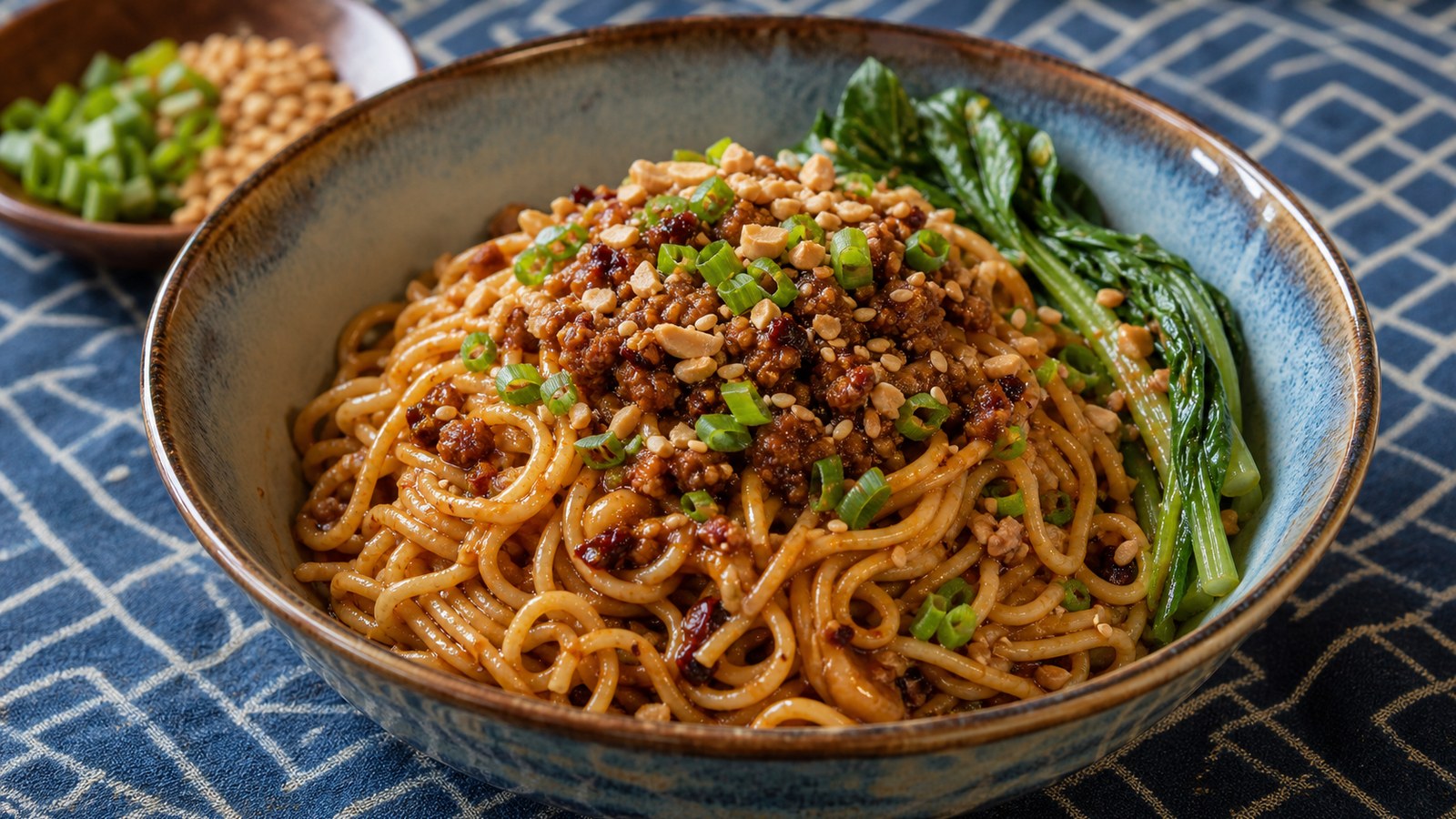Dan Dan Noodles finished and ready to serve
