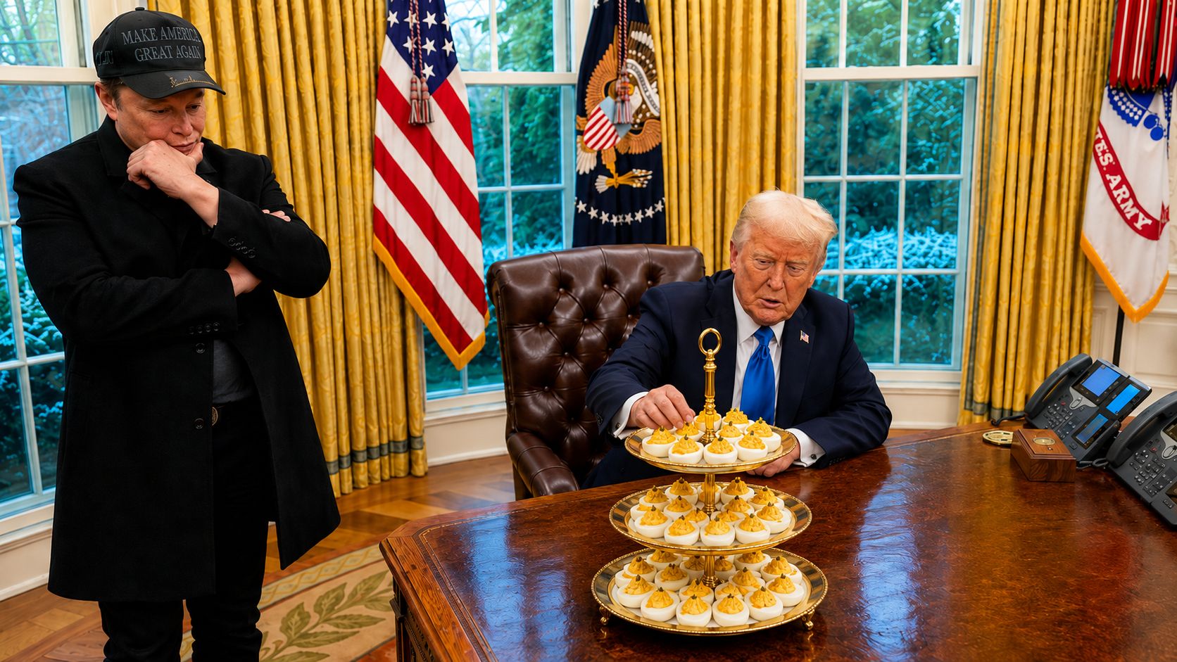 A white oval platter of classic deviled eggs with creamy yellow filling piped into egg white halves and dusted with smoked paprika, arranged in neat rows