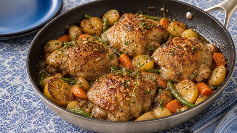 One-pan garlic butter chicken thighs with crispy golden skin resting over roasted broccoli, baby potatoes, zucchini, and cherry tomatoes in a cast iron skillet