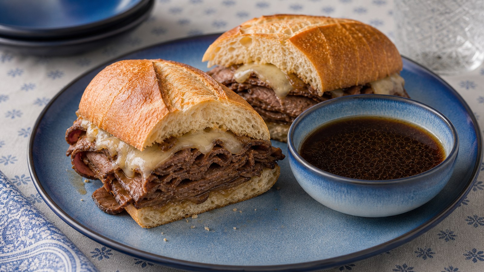 A french dip sandwich with thinly sliced roast beef and melted provolone on a toasted hoagie roll, served with a small ramekin of rich golden au jus for dipping on a wooden board